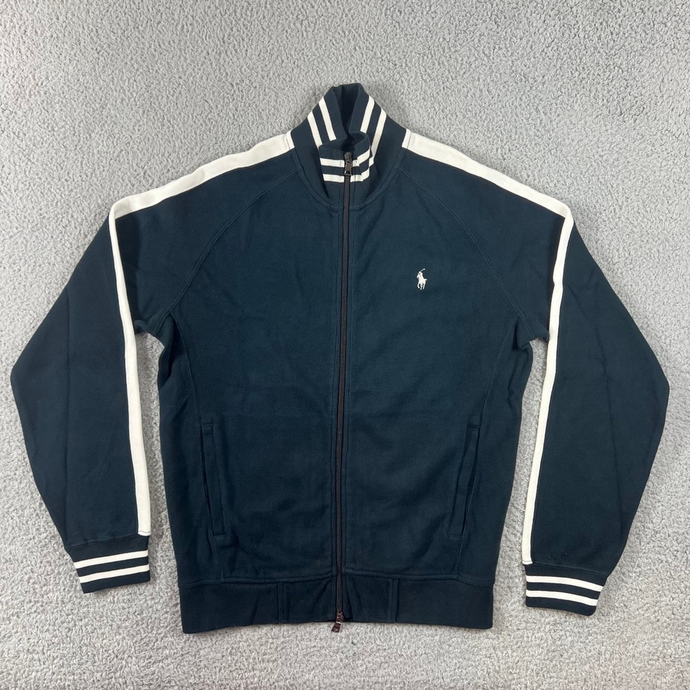 Polo Ralph Lauren Track Jacket Men's M Navy Blue White Stripe Full Zip Mock Neck